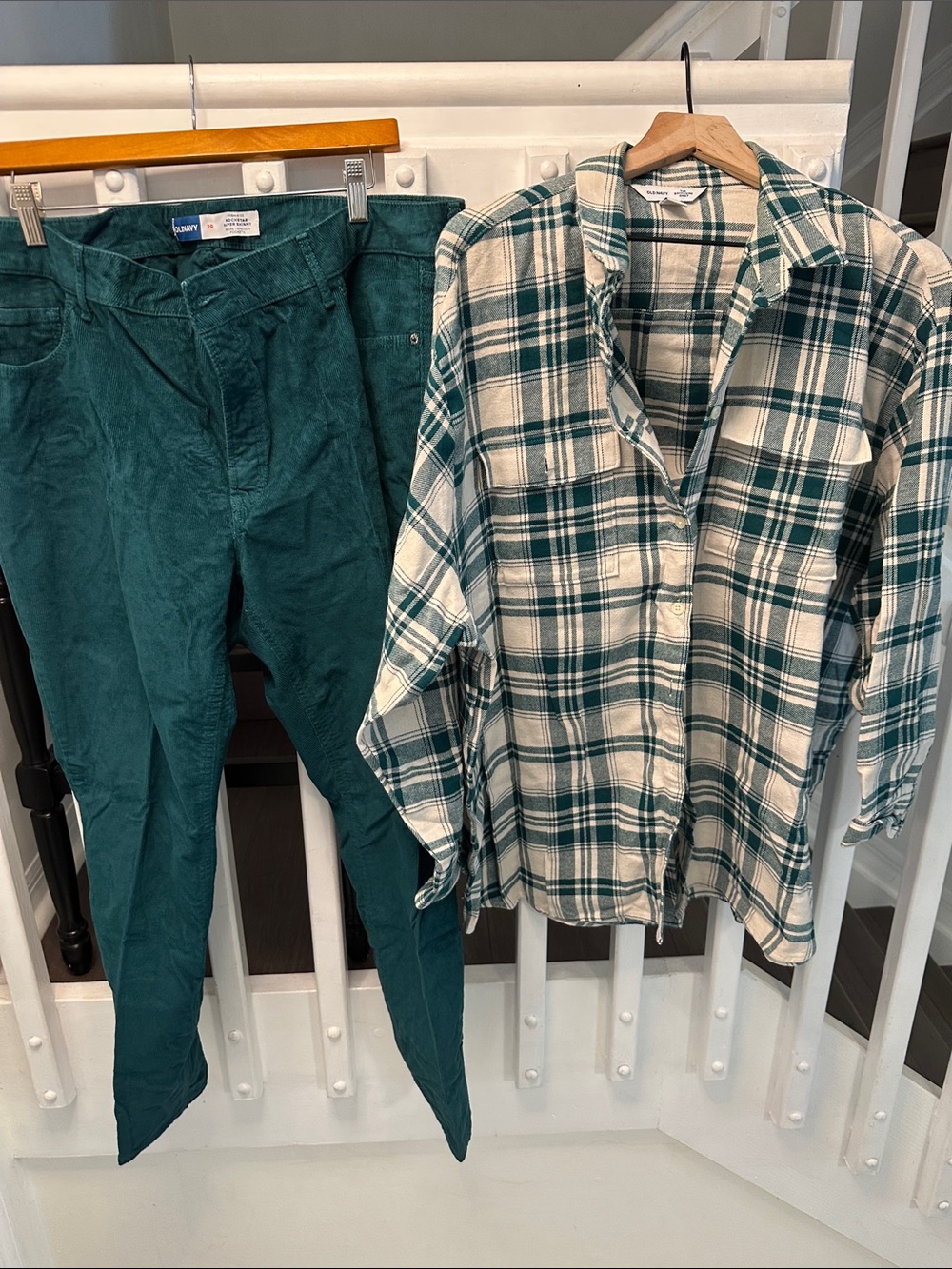 Old Navy Teal Corduroy Pants and Teal/White Plaid Button-Up Shirt